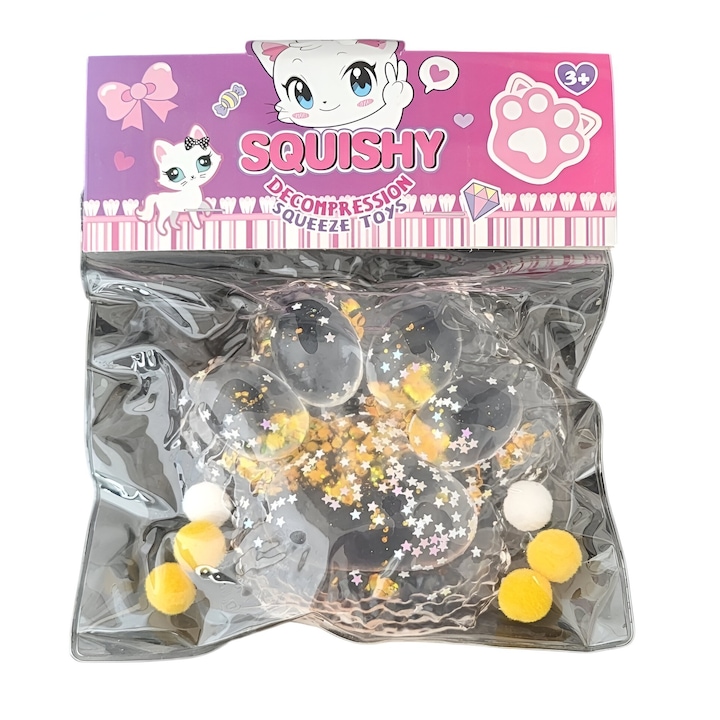 Jucarie Antistres Squishy, Model Cat Paw - Labuta de pisica transparenta cu stelute Galben