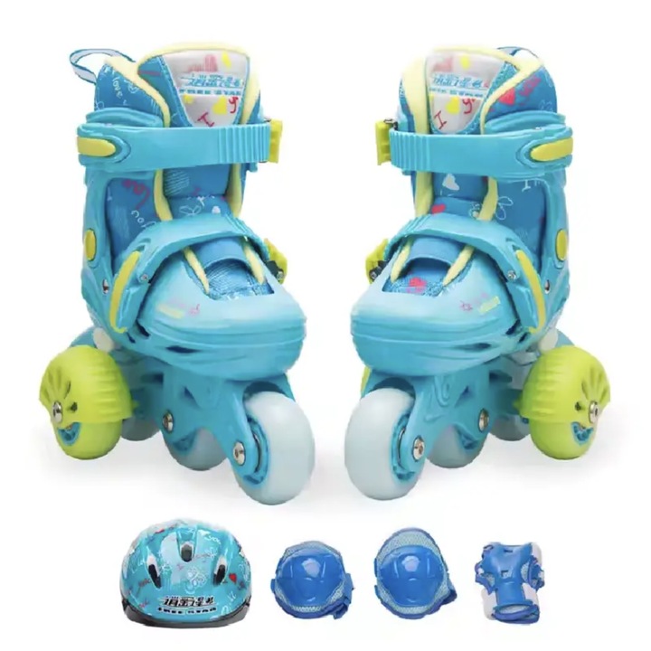 Role copii LW-R6BTS, 25 - 28 albastru S, cu roti ajutatoare, cu accesorii de protectie, masuri reglabile