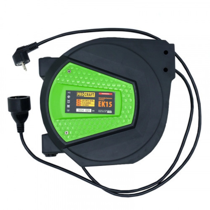Удължителен кабел PROCRAFT, Прибиращ се, 15 м, 1 контакт, 230 V