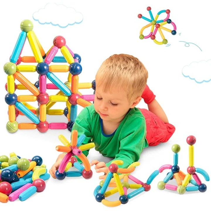 Set de constructii pentru copii, 64blocuri magnetice, cutie de depozitare, jucarii educationale pentru copilarie, diverse forme, baieti si fete, asamblare, educatie, dezvoltare, plastic, multicolor