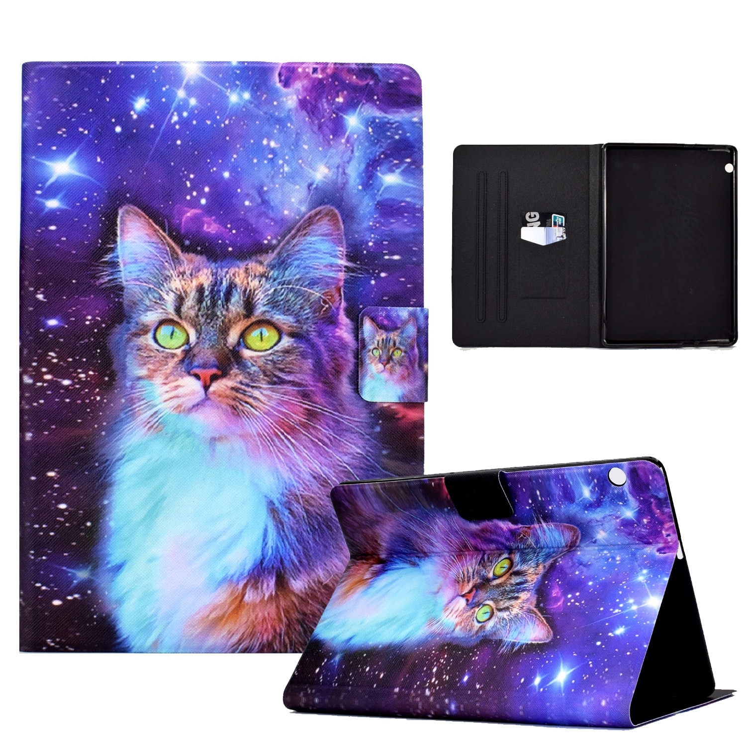 Husa tableta pentru Huawei MediaPad T5, piele TPU presata electric, tip carte, cu design de stea pisica, acces complet la porturi, albastru