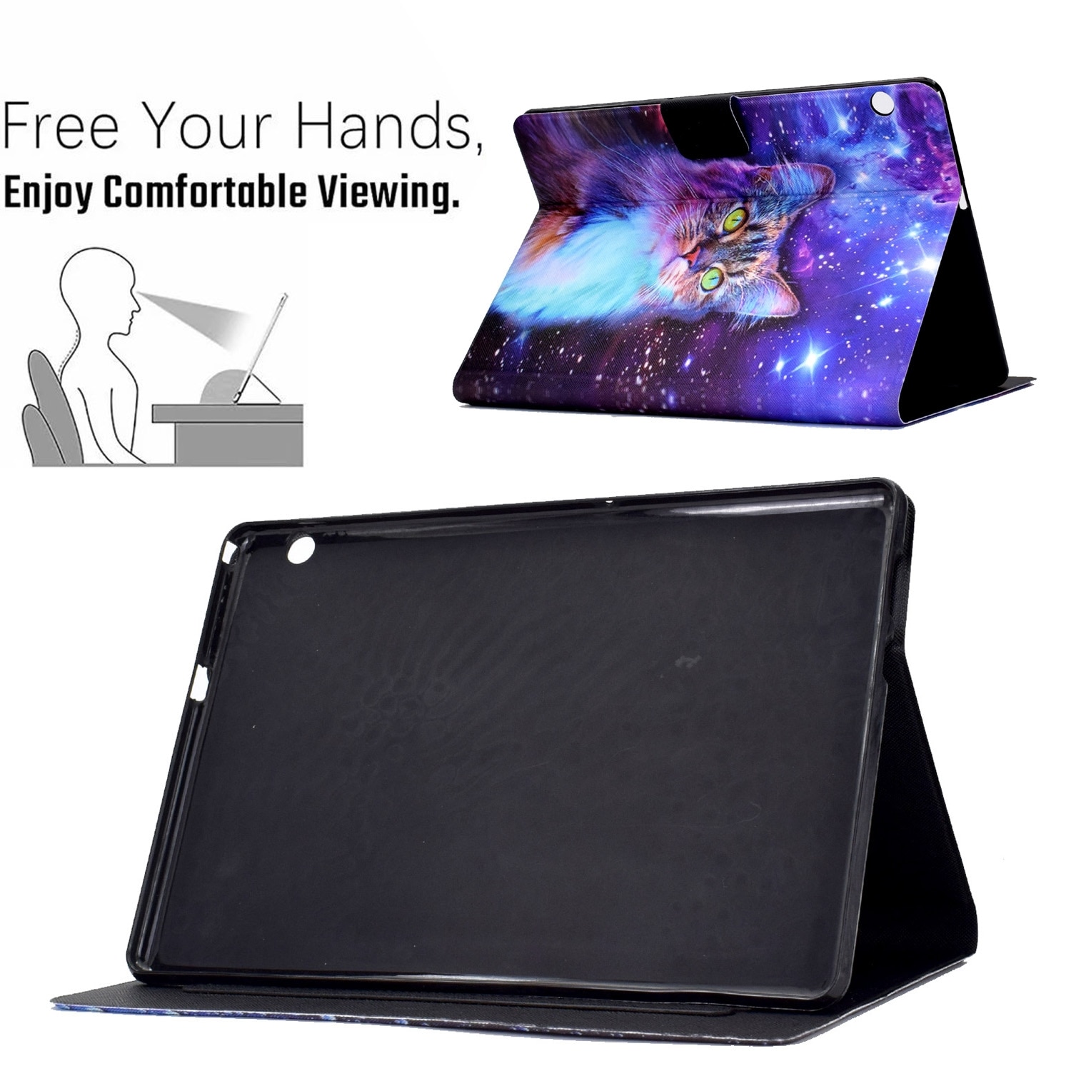 Husa tableta pentru Huawei MediaPad T5, piele TPU presata electric, tip carte, cu design de stea pisica, acces complet la porturi, albastru