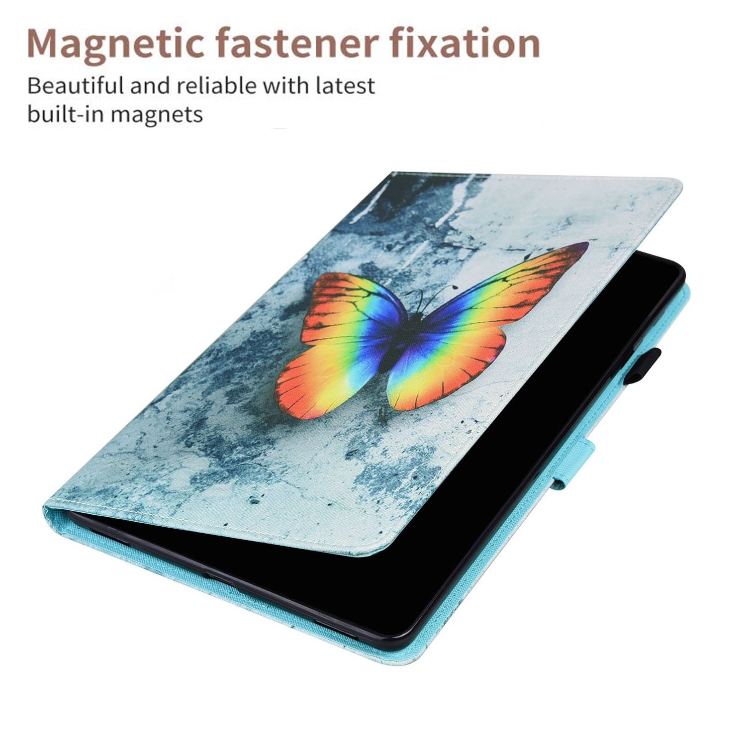 Husa tableta pentru Lenovo M10 FHD REL TB-X605FC / TB-X605LC, piele cu model animal, tip carte cu suport si sloturi pentru carduri si fotografii (fluture colorat)