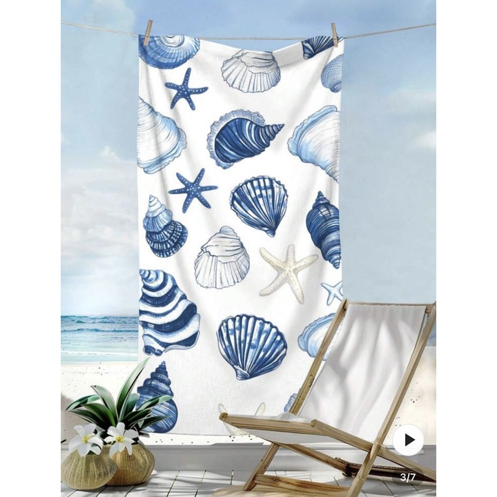 Prosop de plaja cu imprimeu cu scoici marine si stele de mare, multicolor, 70cm x 140 cm