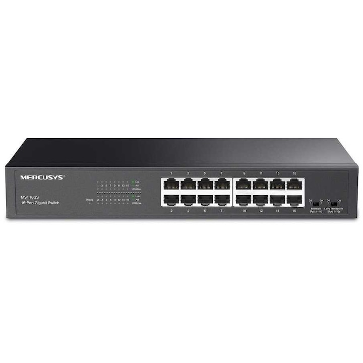 Switch fără management Mercusys MS116GS, 16 porturi 10/100/1000 Mbps, 32 Gbps capacitate comutare, 294x140x44mm
