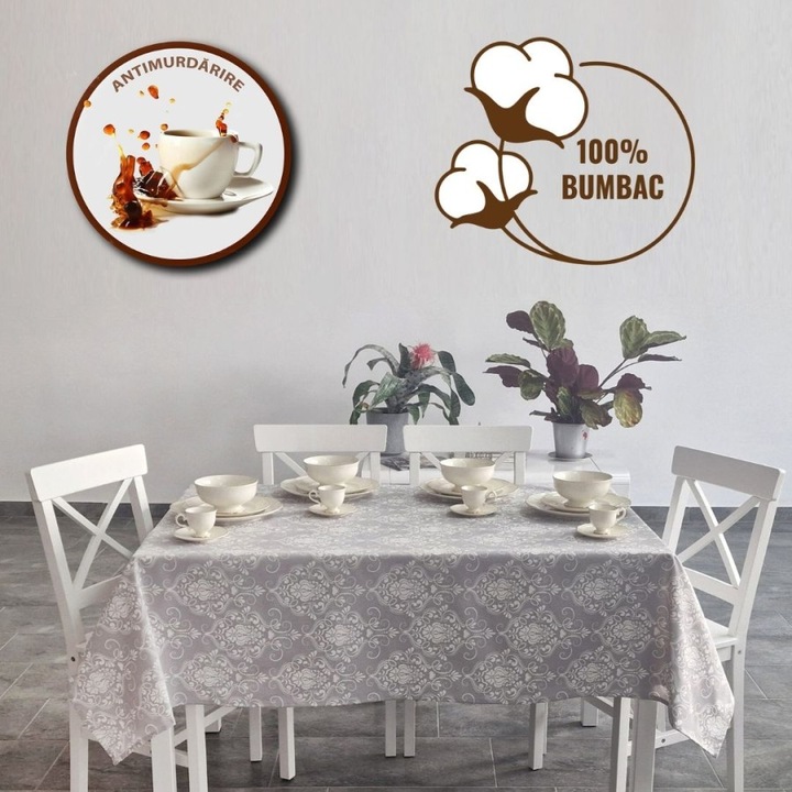 Kerek teflon bevonatú terítő, 100% pamut, átmérő 160cm, Lenzerii Deosebite, szürke barokk minta V1