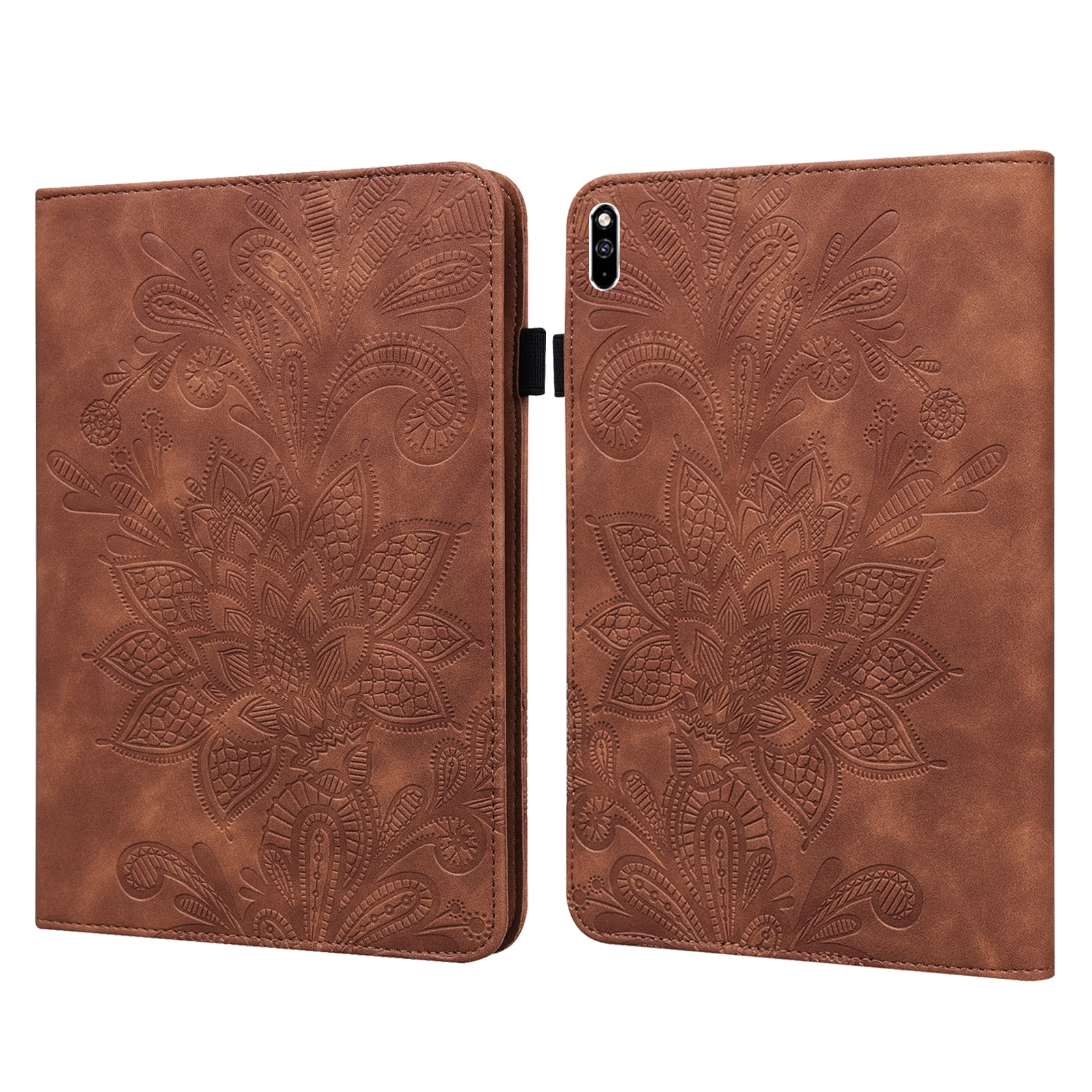 Husa tableta pentru Huawei MatePad Pro 10.8 2021/2019, piele cu model embosat de flori, tip carte cu suport, inchidere cu siret, Maro