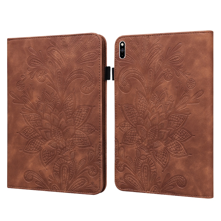 Husa tableta pentru Huawei MatePad Pro 10.8 2021/2019, piele cu model embosat de flori, tip carte cu suport, inchidere cu siret, Maro