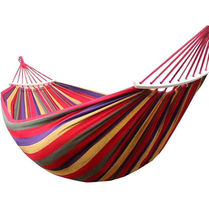 Függőágy fából, tökéletes egy személynek, 190 x 80 cm, udvarra, kempingezéshez, teraszra és nyaraláshoz, könnyen összeszerelhető, színes design, piros, Dalimag