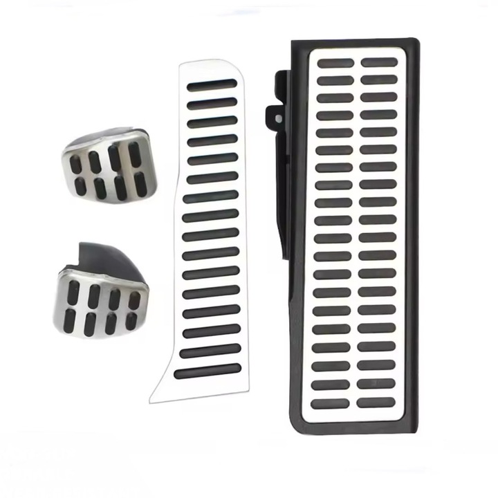 Alumínium pedál- és lábtartó szett, kompatibilis a VW Golf 5, 6, Scirocco, Sharan, Caddy, Skoda Octavia, Seat Leon 1P, Toledo 3 modellekkel, manuális váltóval