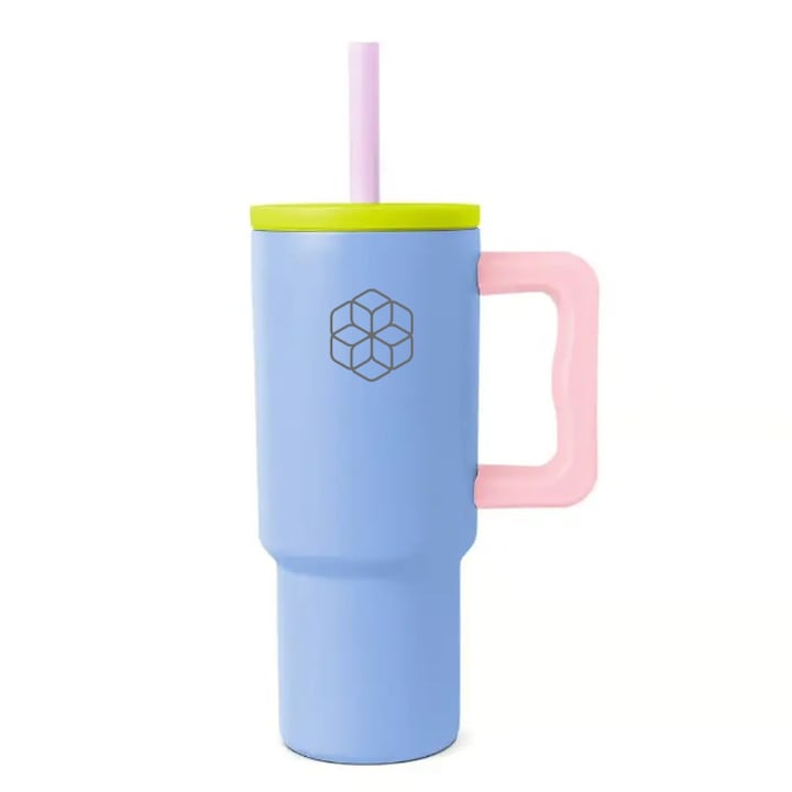 Термос чаша от неръждаема стомана с херметически затворен капак и сламка, Ivosa, син