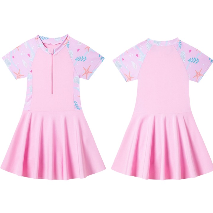 Costum baie cu imprimeu marin tip rochita maneca scurta baie tematica ocean cu u uscare rapida roz pentru fetita stele rochita vara protectie UV elastic si confortabil vacanta la mare piscina petrecere scoala