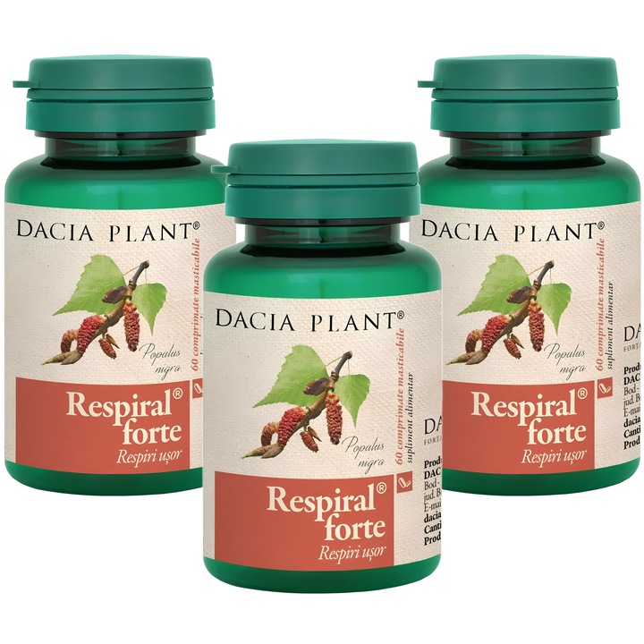 Pachet Respiral Forte "Respiri usor", cu plop negru, propolis si uleiuri esentiale, tablete masticabile, 3x60cp, Laboratoarele Dacia Plant