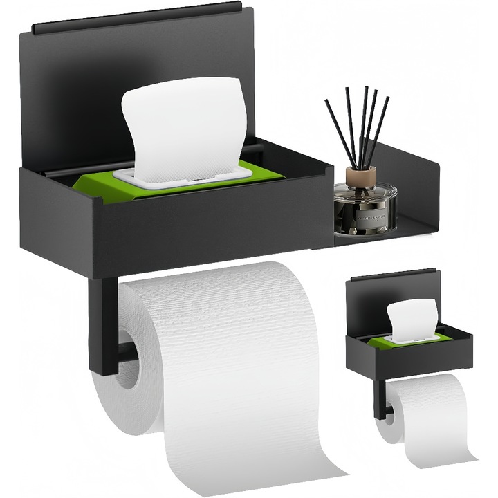 Suport multifunctional baie, suport hartie igienica, suport telefon, inox negru, 32x18x6.5cm