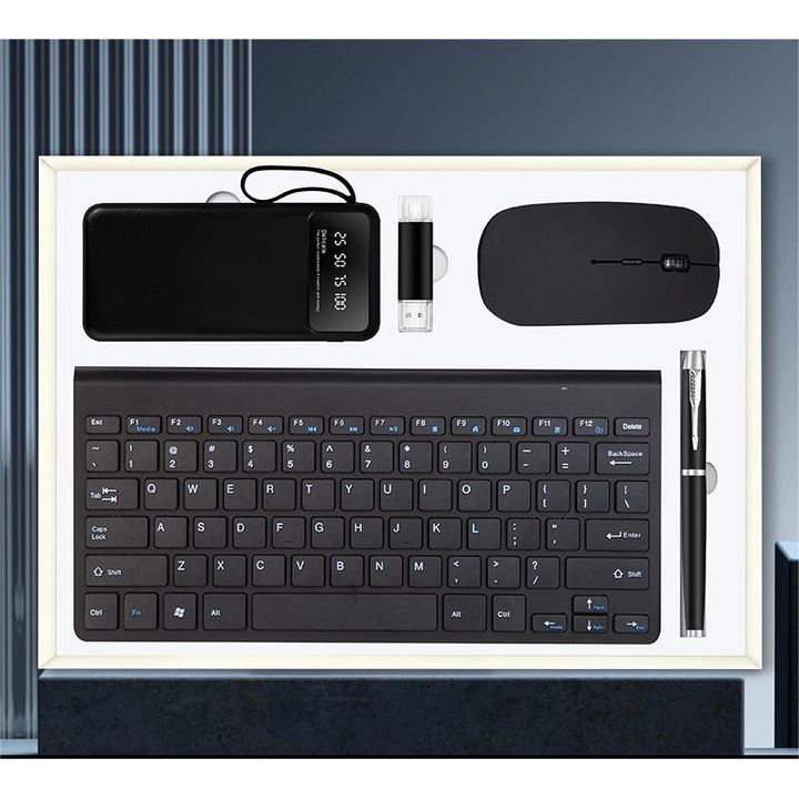 Set Cadou Gadgeturi Premium 5 in 1 – Mouse si Tastatura Wireless, Powerbank 10.000 mAh cu Display, USB Dual Transfer Date, Pix – In Cutie si Punga Cadou Premium Negru