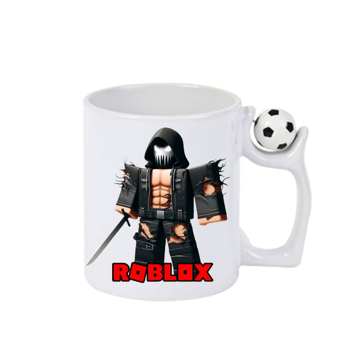 Cana personalizata cu Roblox Aruncatorul De Pizza, Cri-Flo, Ceramica, 330ml. Minge rotativa antistres, Maner si interior Alb-Negru
