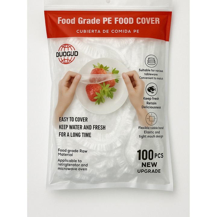 100 darabos Fresh Cover PE élelmiszeripari fólia készlet, rugalmas és ellenálló, élelmiszeripari minőségű PE anyagból készült