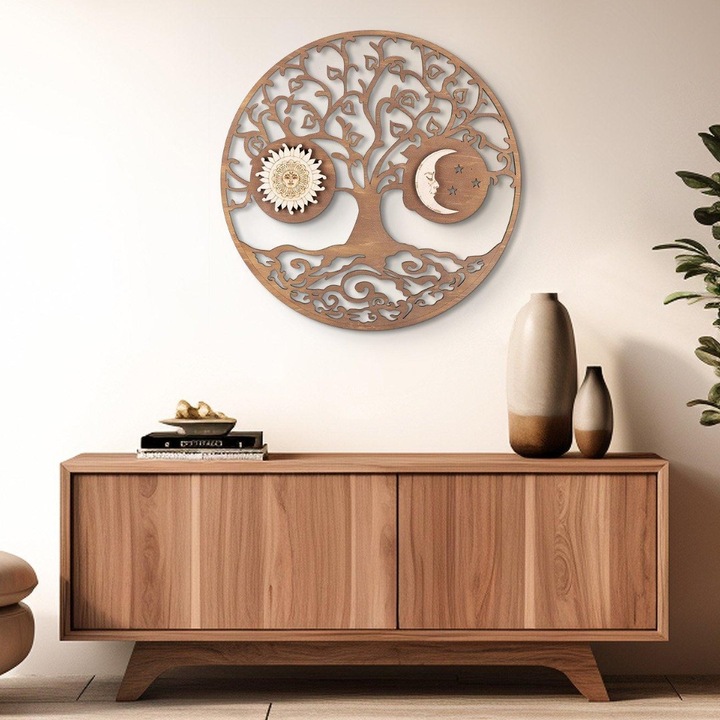 Nap és Hold Életfa, 3D Fali Dekoráció, 70 cm átmérő, dió szín