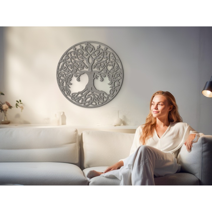 Életfa dús ágakkal - Fali Dekoráció, 70 cm átmérő, szürke szín