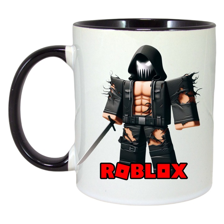 Cana personalizata cu Roblox Aruncatorul De Pizza, Cri-Flo, Ceramica, 330ml. Maner si interior Negru