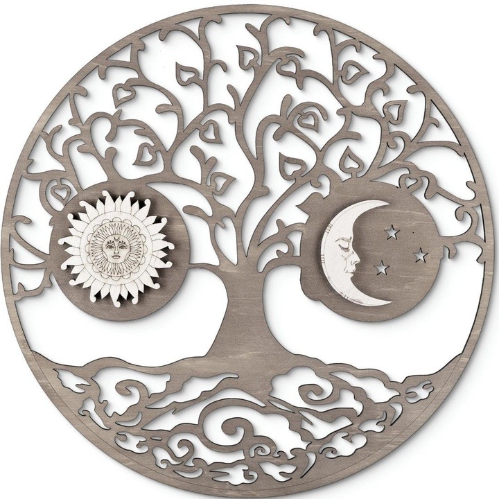 Nap és Hold Életfa, 3D Fali Dekoráció, 48 cm átmérő, szürke szín
