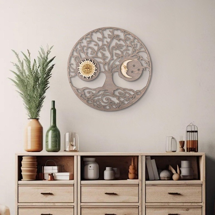 Nap és Hold Életfa, 3D Fali Dekoráció, 70 cm átmérő, szürke szín