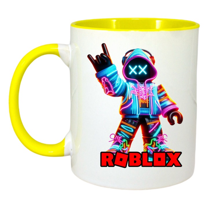 Cana personalizata cu Roblox Blaster Pixelat, Cri-Flo, Ceramica, 330ml. Maner si interior Galben