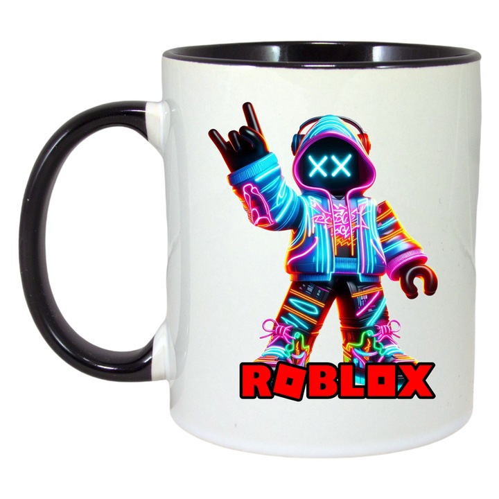 Cana personalizata cu Roblox Blaster Pixelat, Cri-Flo, Ceramica, 330ml. Maner si interior Negru