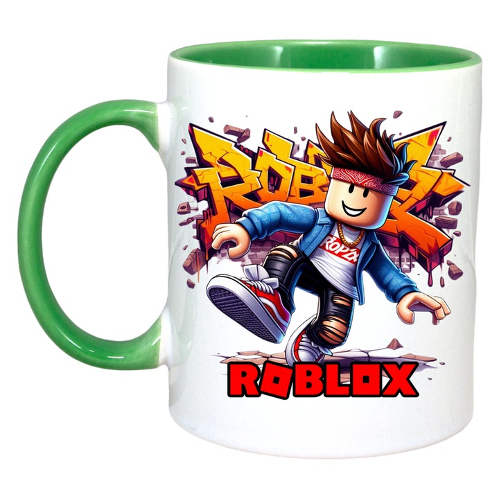 Cana personalizata cu Roblox Blaster Pixelat One, Cri-Flo, Ceramica, 330ml. Maner si interior Verde