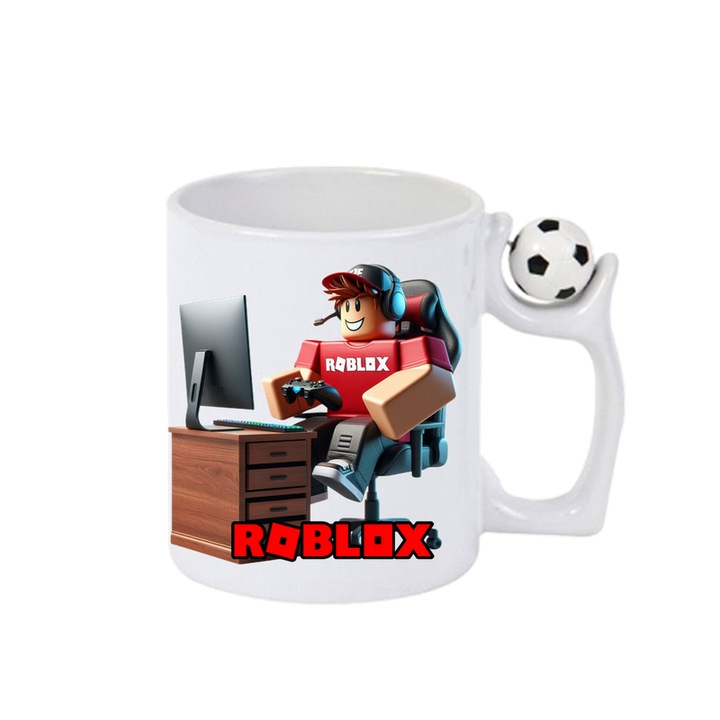Cana personalizata cu Roblox Constructor Birou, Cri-Flo, Ceramica, 330ml. Minge rotativa antistres, Maner si interior Alb-Negru
