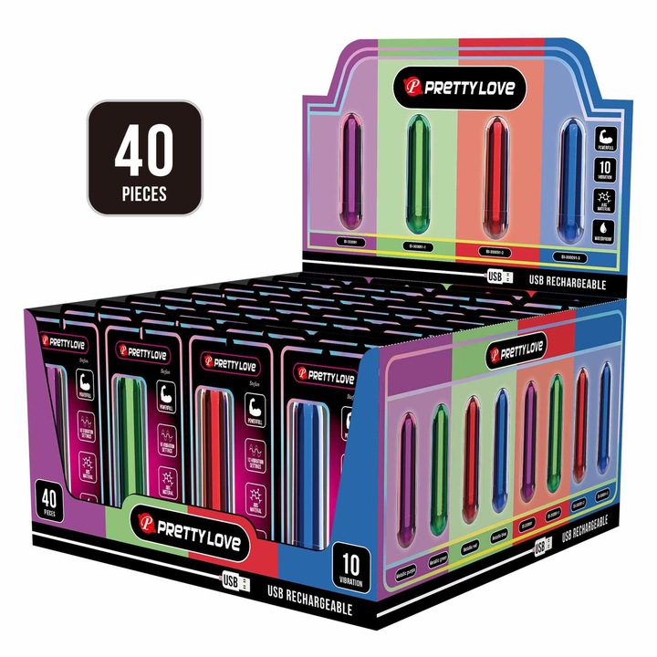 Комплект 40 метални вибратора Pretty Love, STEFAN, Тип „куршум“, 10 функции, Презареждащи се с USB