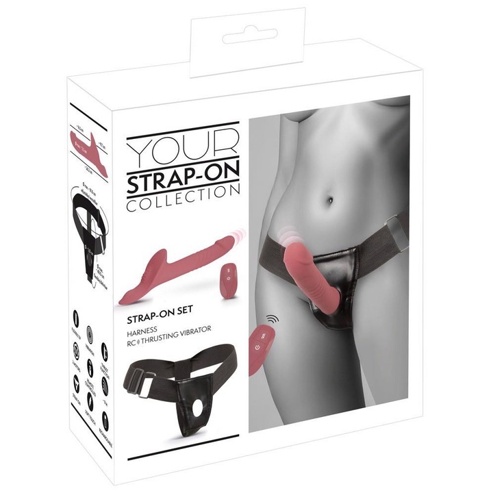 Set centura strap-On/vibrator, You2Toys, roz, 7 moduri de vibratie, 3 intensitati de miscare, dimensiuni ajustabile