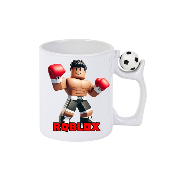 Cana personalizata cu Roblox Cavalerul Liliac, Cri-Flo, Ceramica, 330ml. Minge rotativa antistres, Maner si interior Alb-Negru