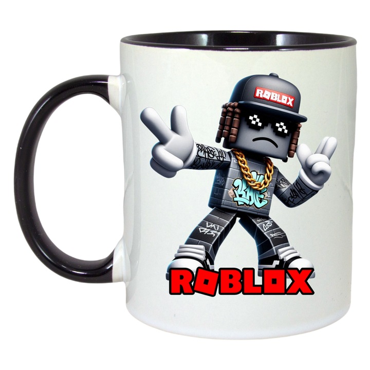 Cana personalizata cu Roblox Eroul Graffiti, Cri-Flo, Ceramica, 330ml. Maner si interior Negru