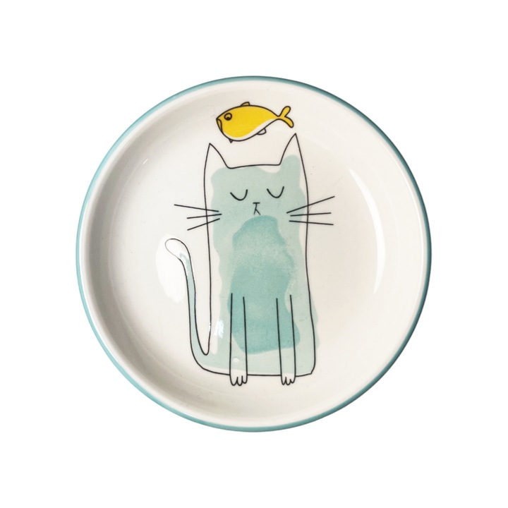 Macskaeledel tál, kerámia, könnyen mosható, 12,5 cm, mosolygós macska mintával