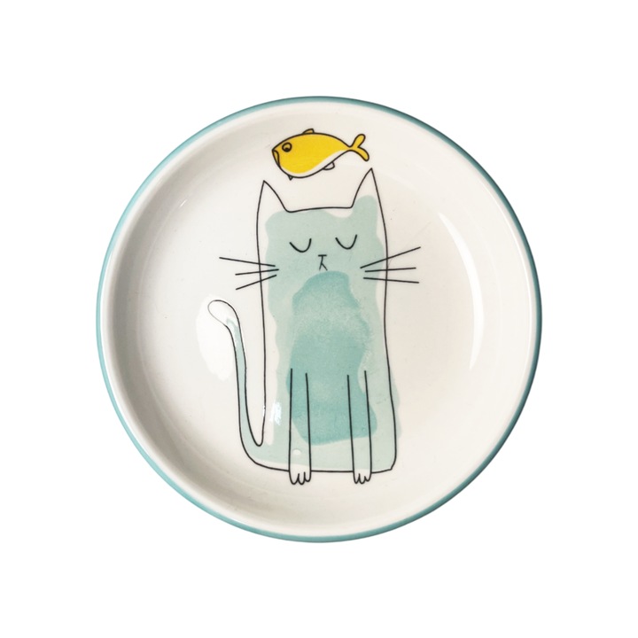 Bol mancare pisici, din ceramica, usor de spalat, 12,5 cm, design pisica visatoare