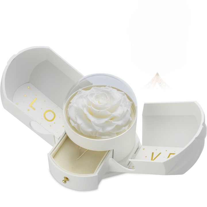 Подаръчна кутия с вечна естествена бяла роза с LED светлина – запазена за вечността, с отделение за бижута – елегантен подарък за нея