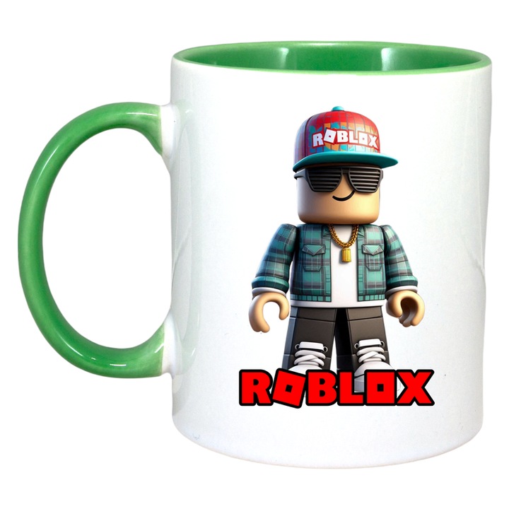 Cana personalizata cu Roblox Eroul Mascat, Cri-Flo, Ceramica, 330ml. Maner si interior Verde