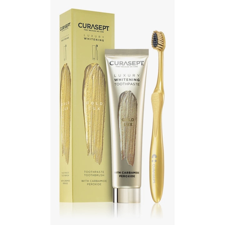 Curasept Luxury Whitening Gold, комплект за избелваща паста за зъби със златни и сребърни микрочастици 75 мл и четка за зъби