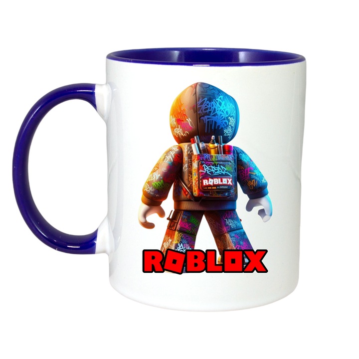 Cana personalizata cu Roblox Razboinicul Inghetat, Cri-Flo, Ceramica, 330ml. Maner si interior Albastru