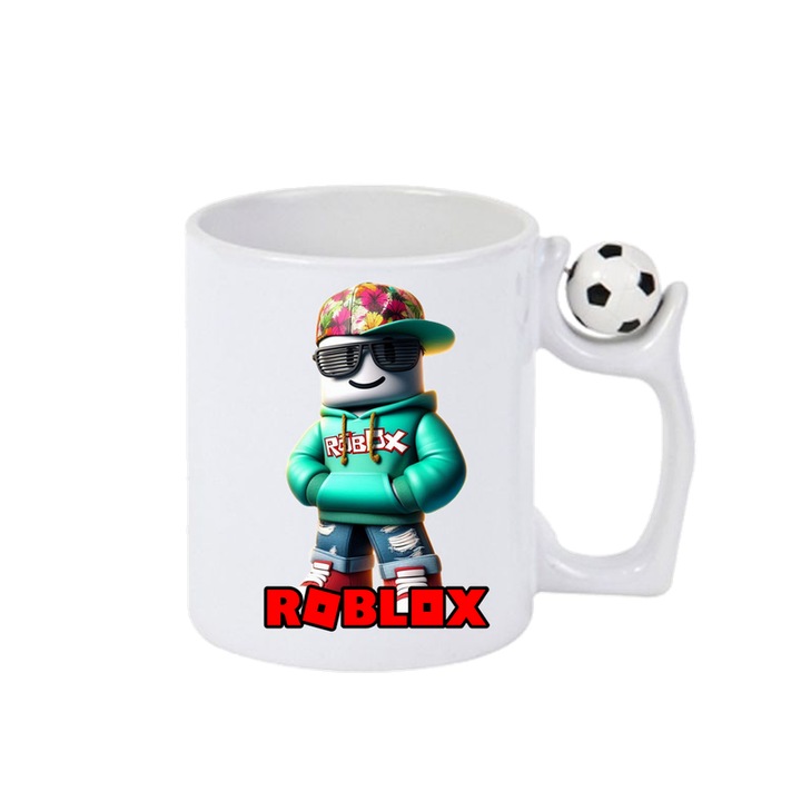 Cana personalizata cu Roblox Masinistul Pixelat, Cri-Flo, Ceramica, 330ml. Minge rotativa antistres, Maner si interior Alb-Negru