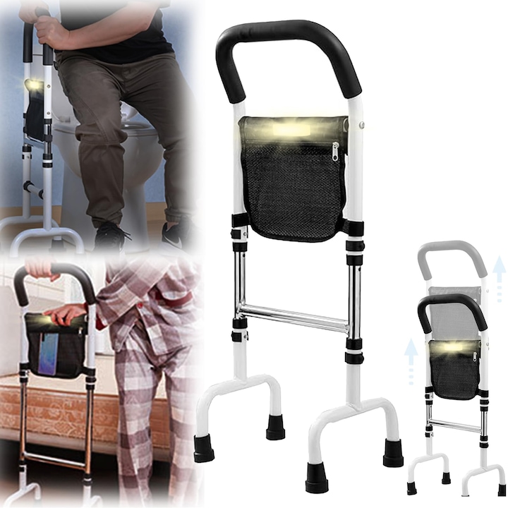 Baston, carje, ajutor pentru mers, ajutor in picioare pentru seniori, reglabil pe inaltime de la 73 la 92 cm, ajutor pentru scaun cu lumina reincarcabila, design robust si cu baza quad antideplasare, otel carbon, WALALLA