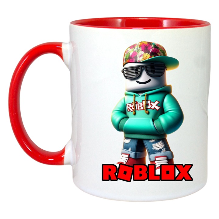 Cana personalizata cu Roblox Masinistul Pixelat, Cri-Flo, Ceramica, 330ml. Maner si interior Rosu