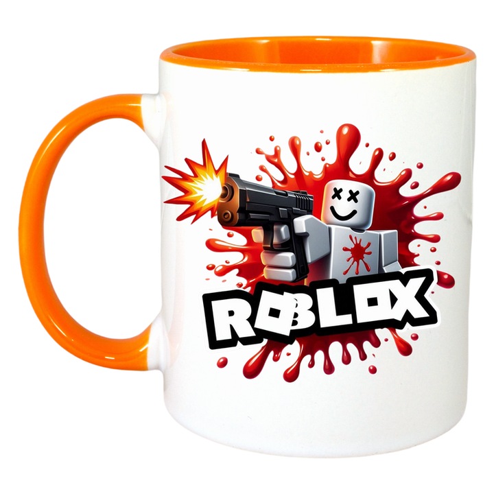 Cana personalizata cu Roblox Rockstarul, Cri-Flo, Ceramica, 330ml. Maner si interior Portocaliu
