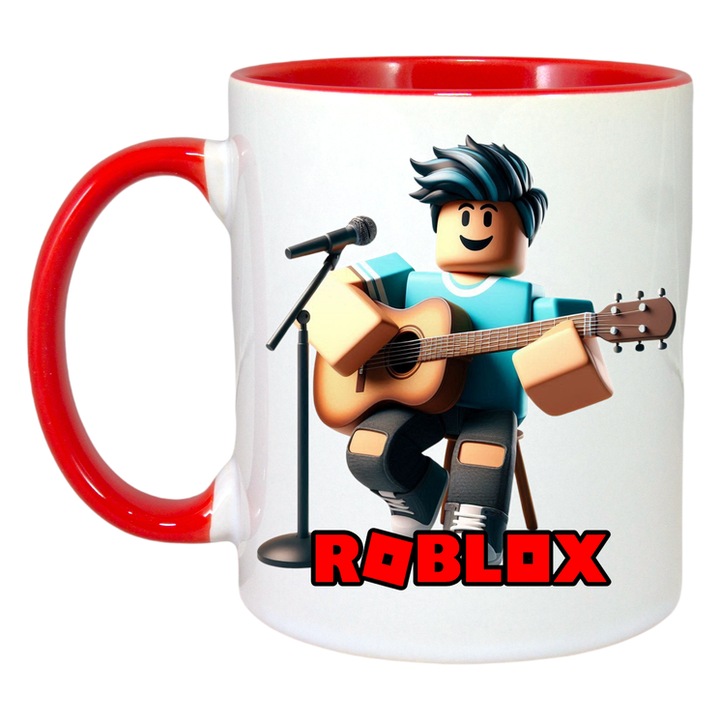 Cana personalizata cu Roblox Rockstarul Pixelat, Cri-Flo, Ceramica, 330ml. Maner si interior Rosu