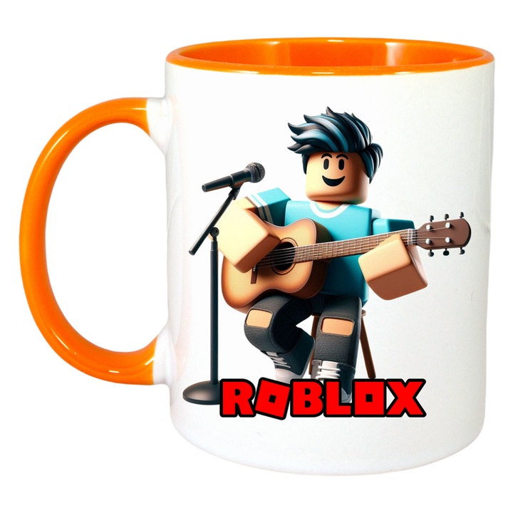 Cana personalizata cu Roblox Rockstarul Pixelat, Cri-Flo, Ceramica, 330ml. Maner si interior Portocaliu