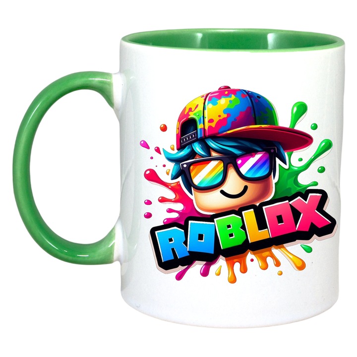 Cana personalizata cu Roblox Surfer Stropit, Cri-Flo, Ceramica, 330ml. Maner si interior Verde