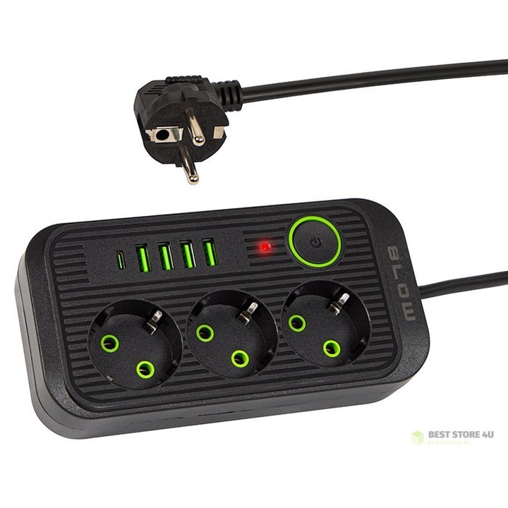 Удължителен кабел BLOW PS-350U, 3 гнезда, 4xUSB + USB-C, 5 м, черен