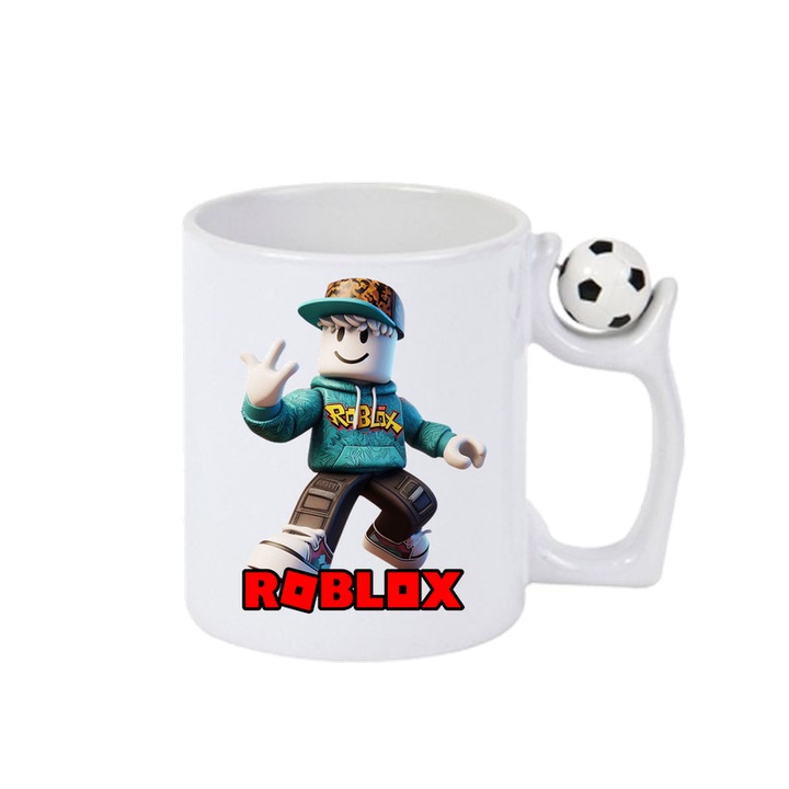 Cana personalizata cu Roblox Rangerul Zapezii, Cri-Flo, Ceramica, 330ml. Minge rotativa antistres, Maner si interior Alb-Negru