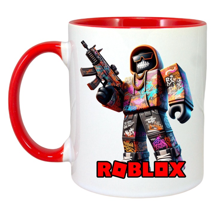 Cana personalizata cu Roblox Skaterul Bronzat, Cri-Flo, Ceramica, 330ml. Maner si interior Rosu